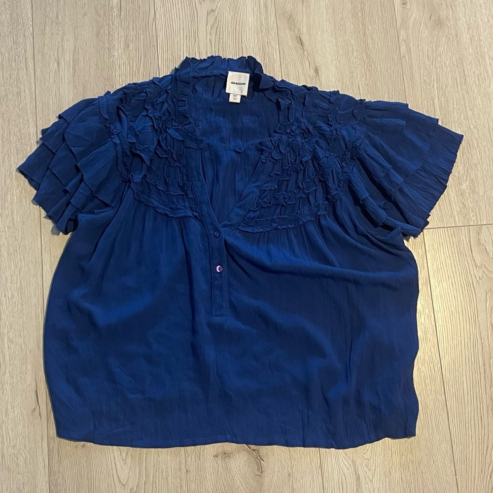 Anthropologie Maeve Short-Sleeve Ruffle Yoke Blouse - Cobalt Blue - Picture 5 of 6